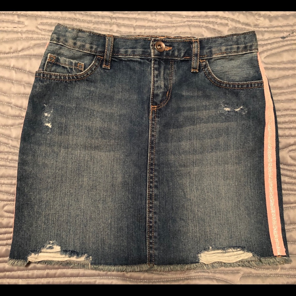 Distressed Denim Skirt with Side Stripes Size 8